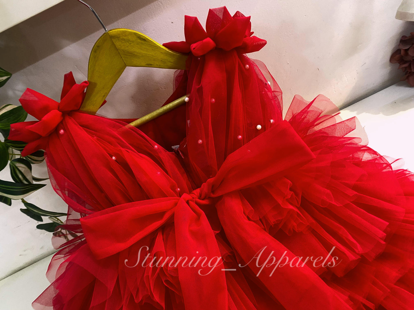 Shoulder Flower Work Layered Red Dress