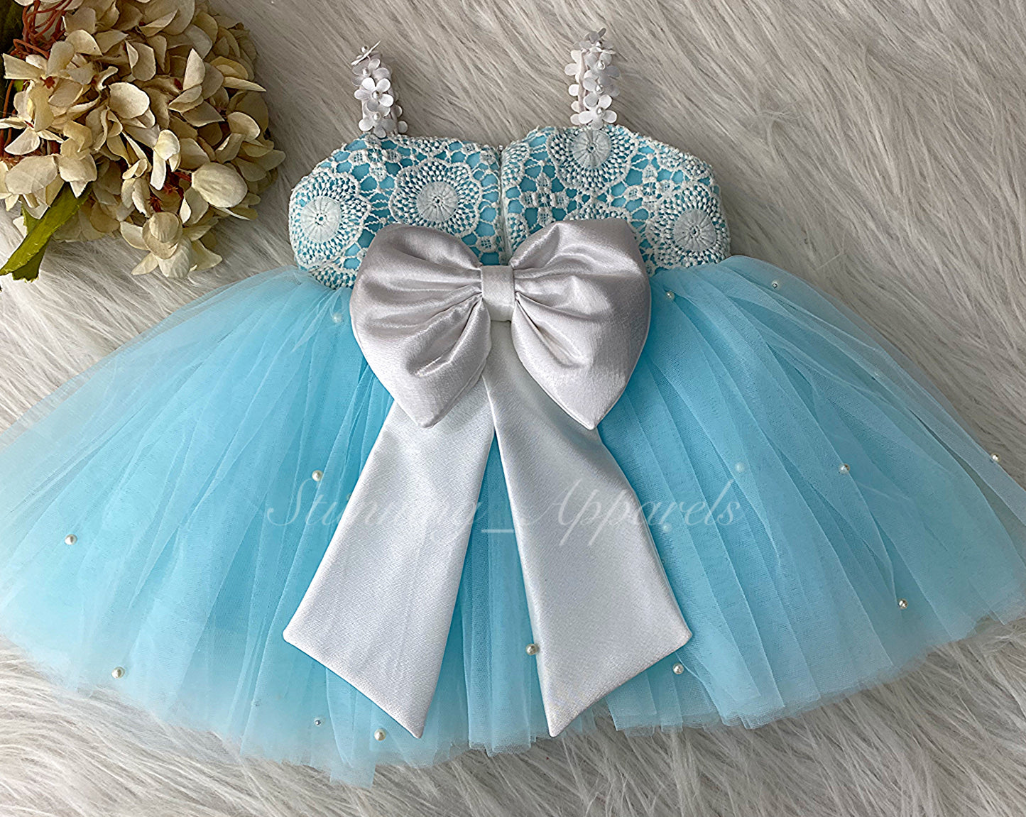 Cute White Flower Strapped Sky Blue Dress