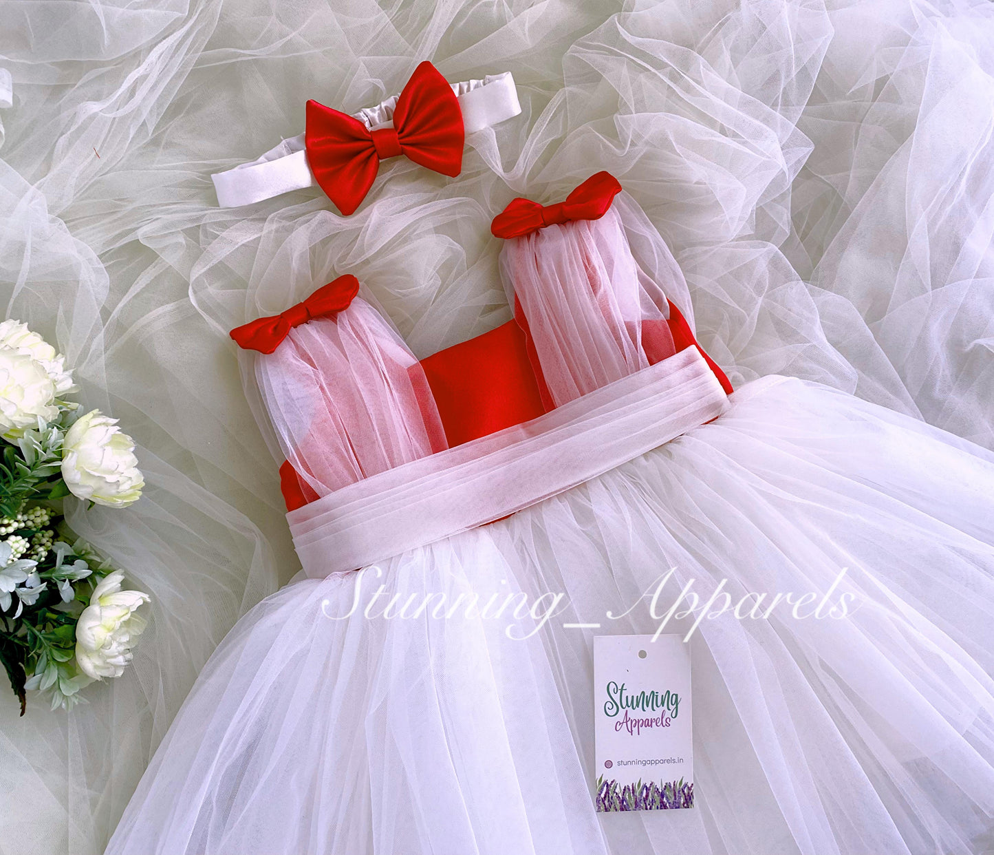 Shoulder Red Satin Bow White Dress