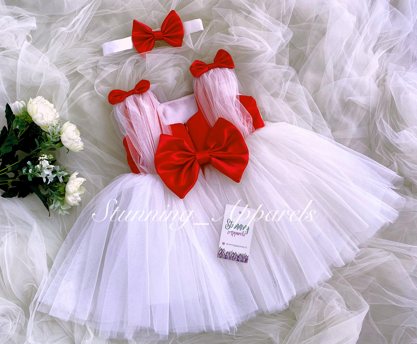 Shoulder Red Satin Bow White Dress