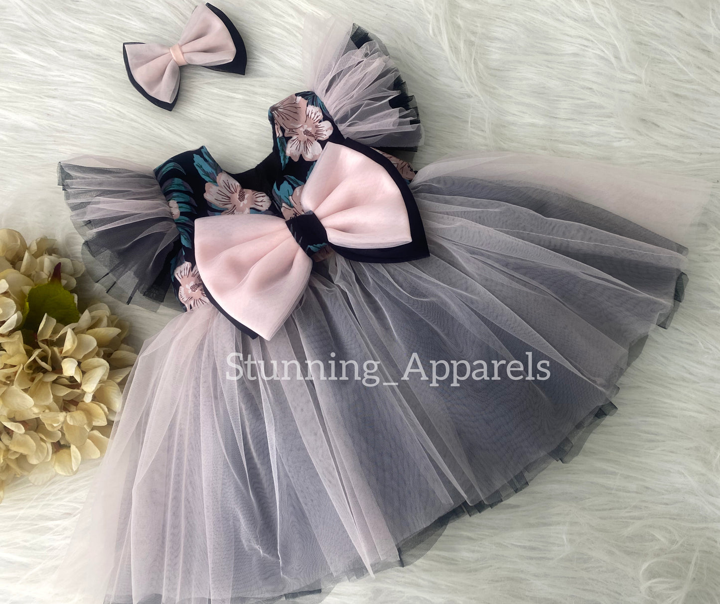 Cute Flower Printed With Peach and Black Combination Casual Dress