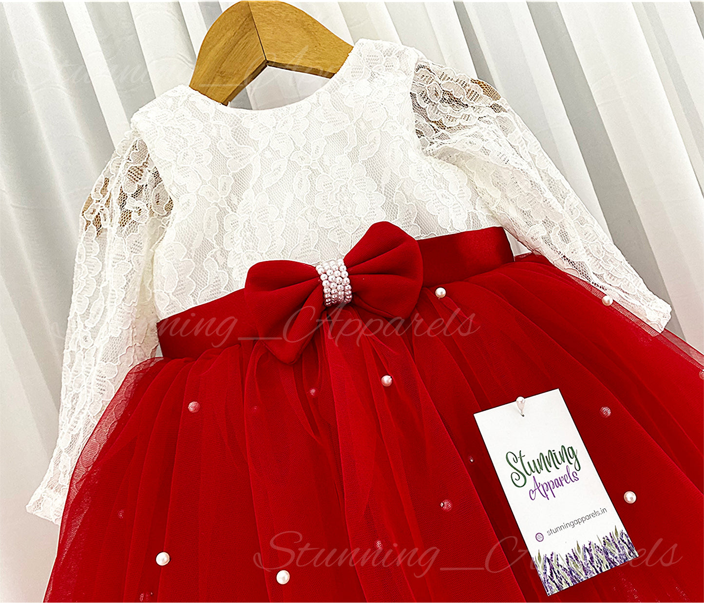 Long Sleeves White Pearls Work Red Frock
