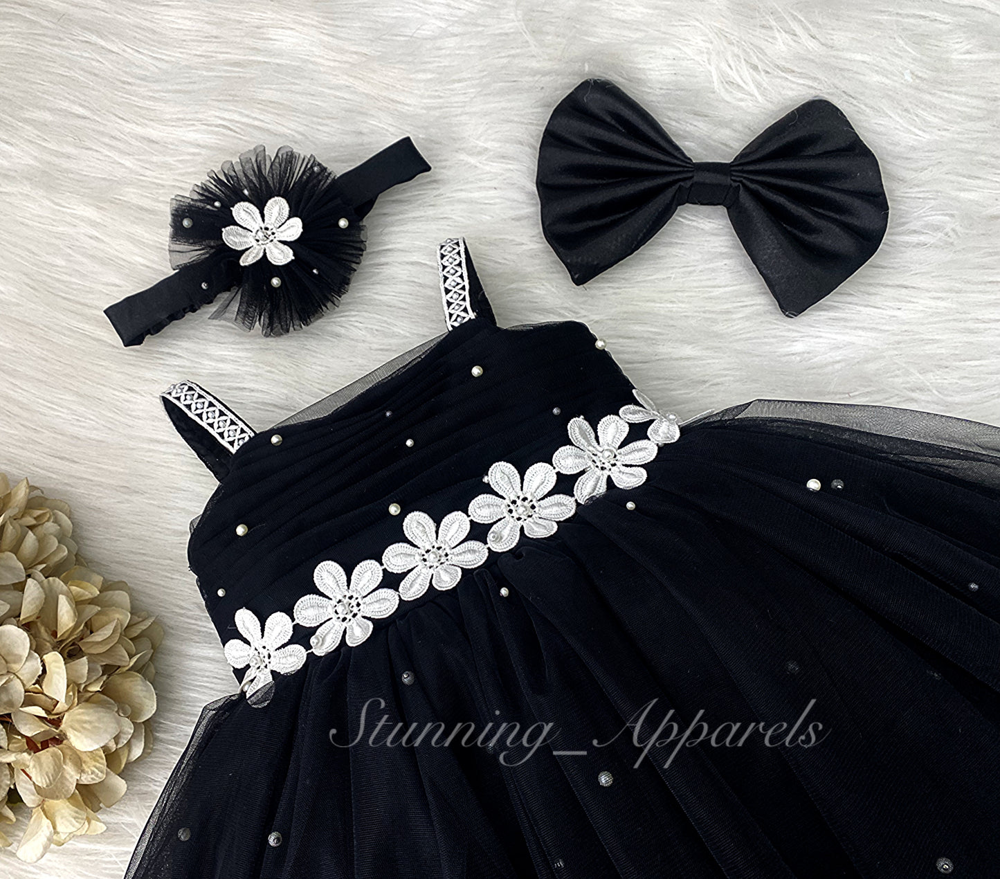 Waistline White Flower Work Party Wear Black Dress