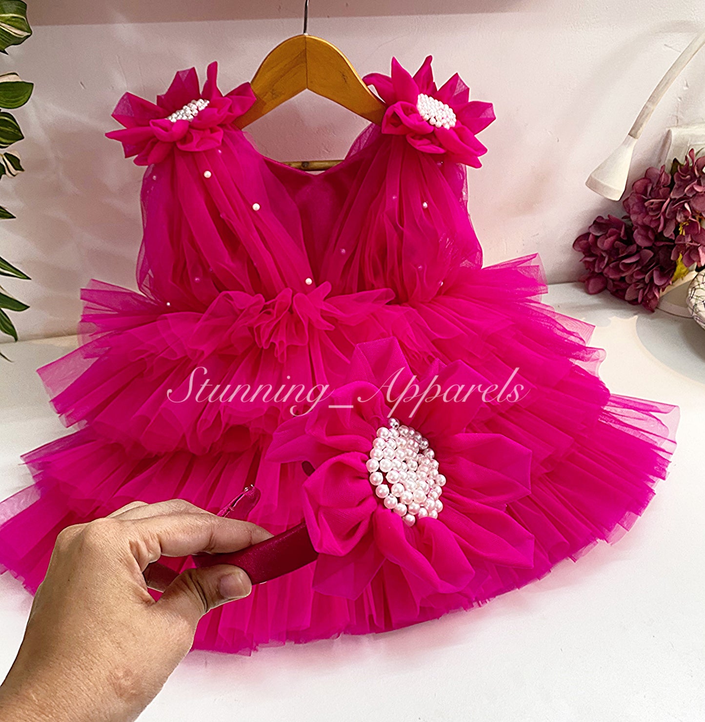 Shoulder Flower Work Layered Magenta Pink Dress