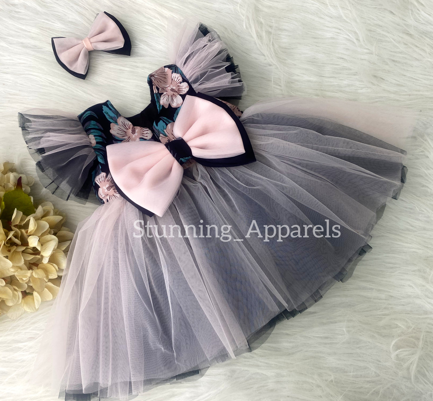 Cute Flower Printed With Peach and Black Combination Casual Dress