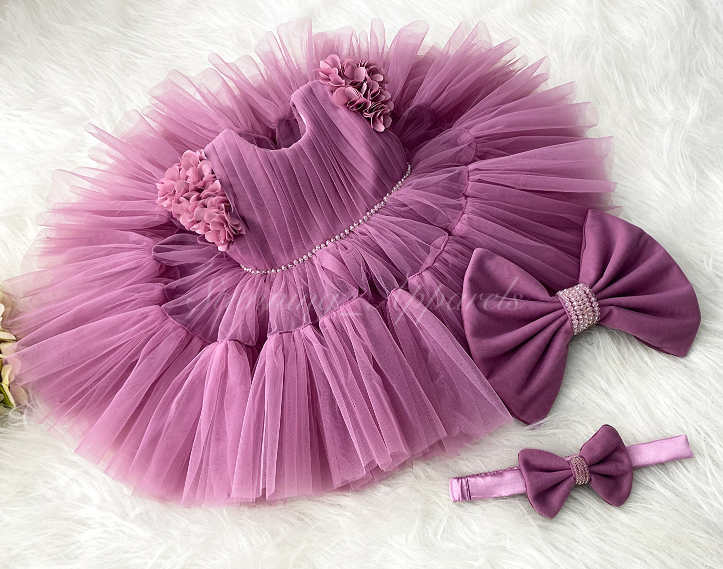 Beautiful Cape Sleeves Flower Work Ruffled Dusty Pink Frock