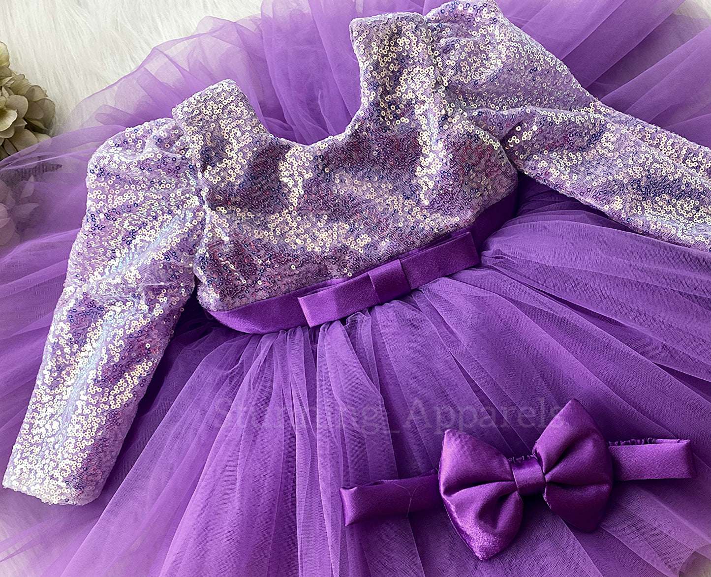 Stylish Long Sleeves Satin Bow Party Wear Lavender Frock