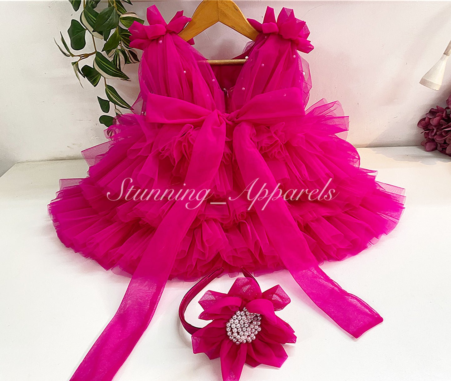 Shoulder Flower Work Layered Magenta Pink Dress