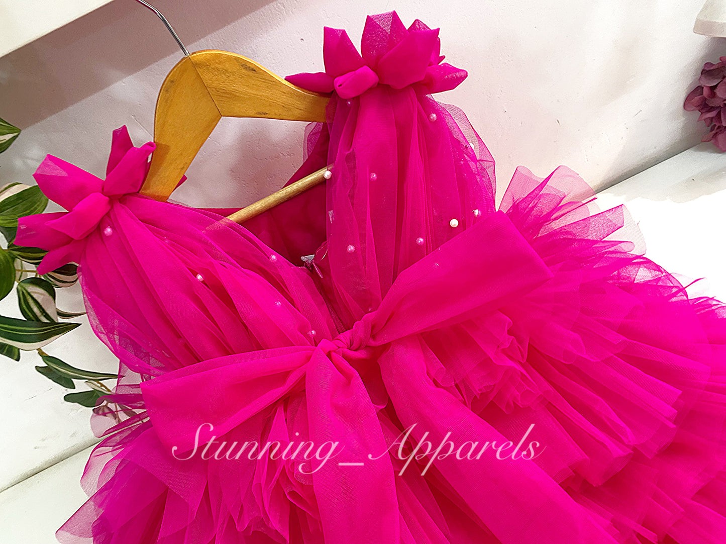 Shoulder Flower Work Layered Magenta Pink Dress