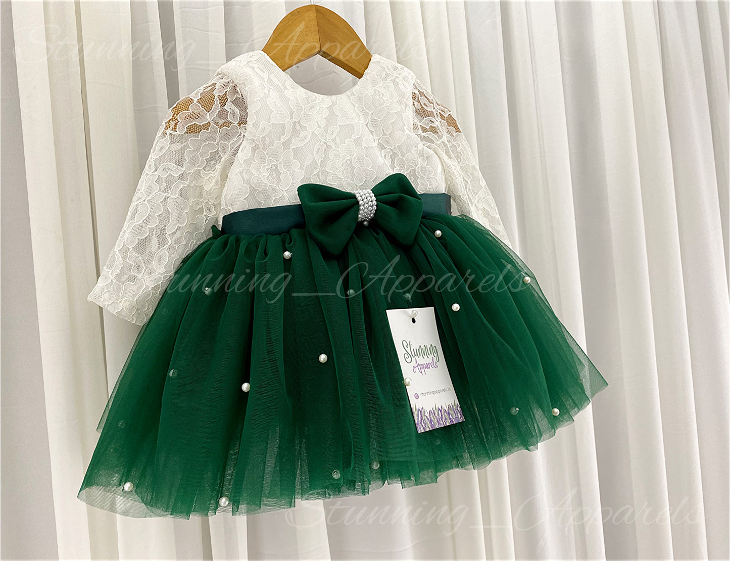 Long Sleeves White Pearls Work Dark Bottle Green Frock