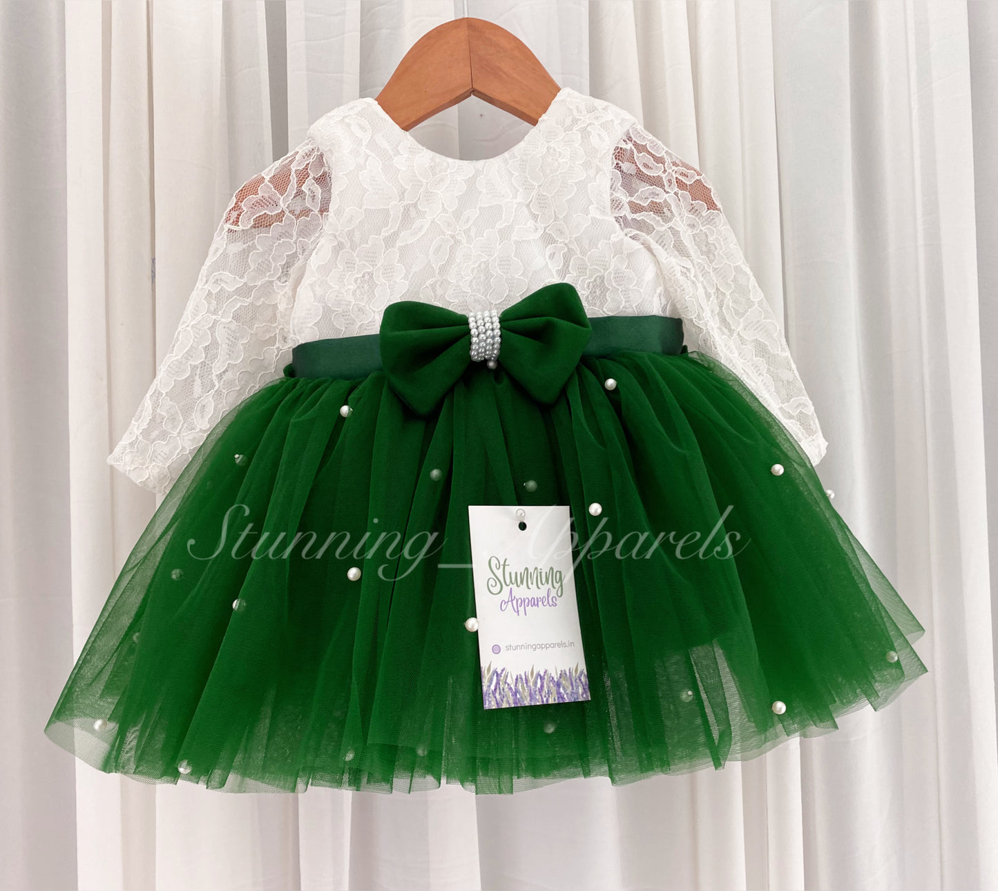 Long Sleeves White Pearls Work Green Frock