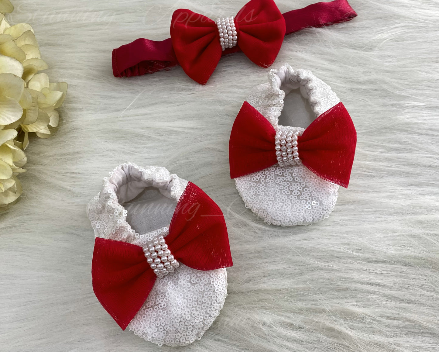 White Flower Work White Milky Sequins Red Dress
