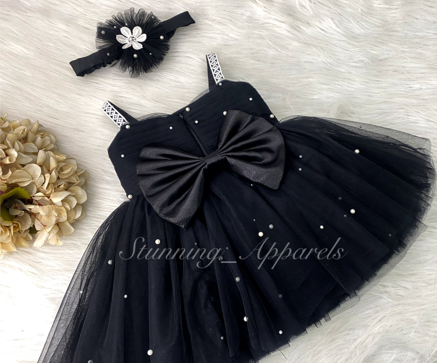 Waistline White Flower Work Party Wear Black Dress