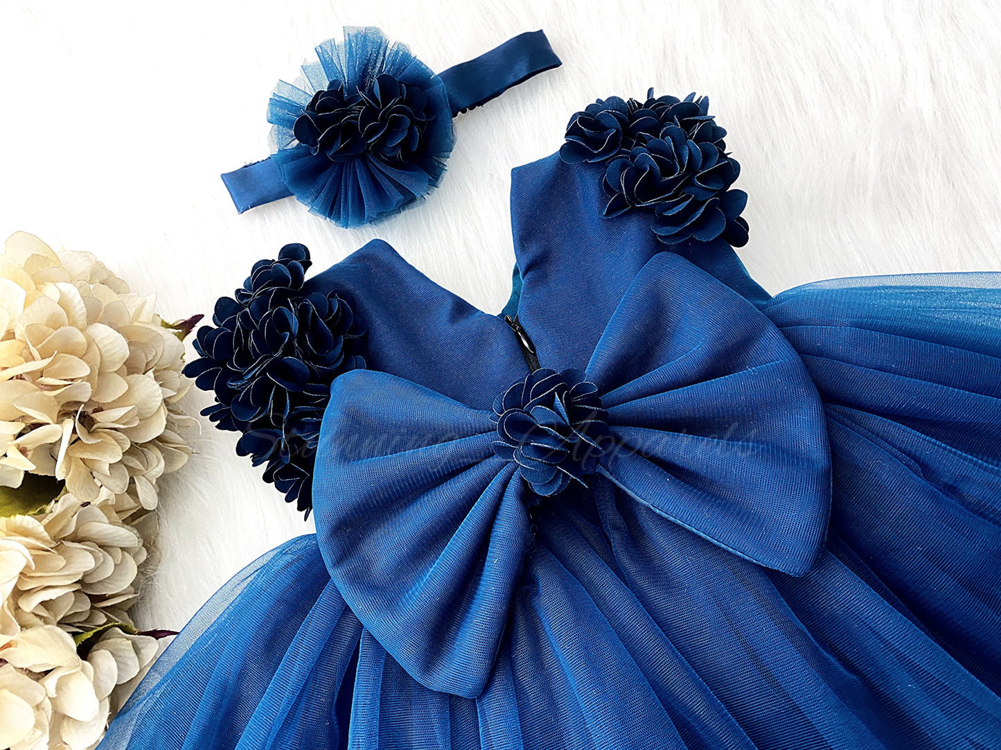 Cape Sleeves Flower Work Teal Blue Frock