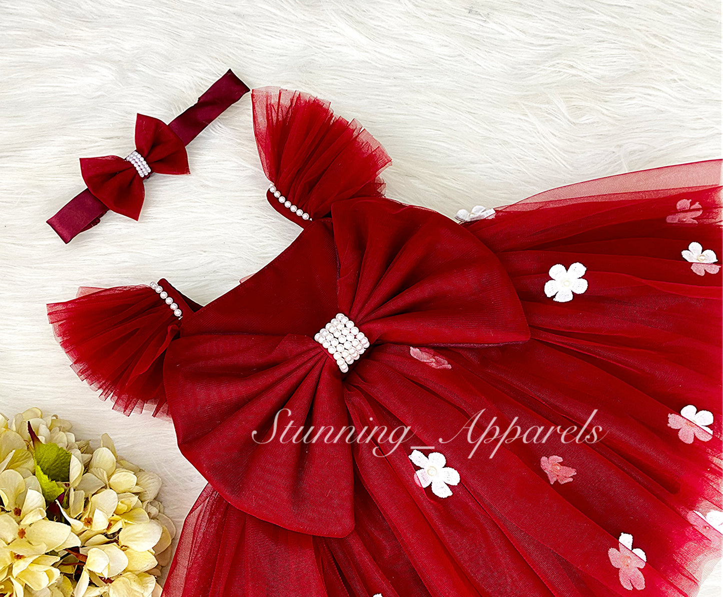 White Flower Work Strapped Sleeves Red Frock
