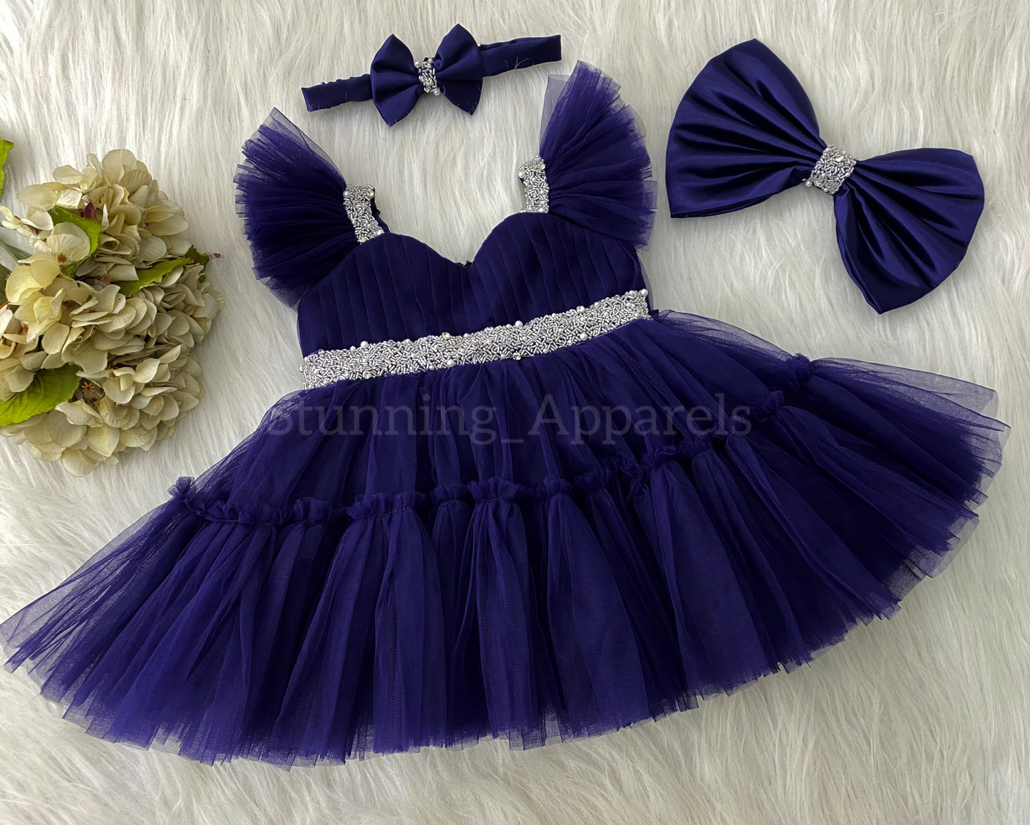 Designer Sweetheart Neckline Hand Work Navy Blue Frock