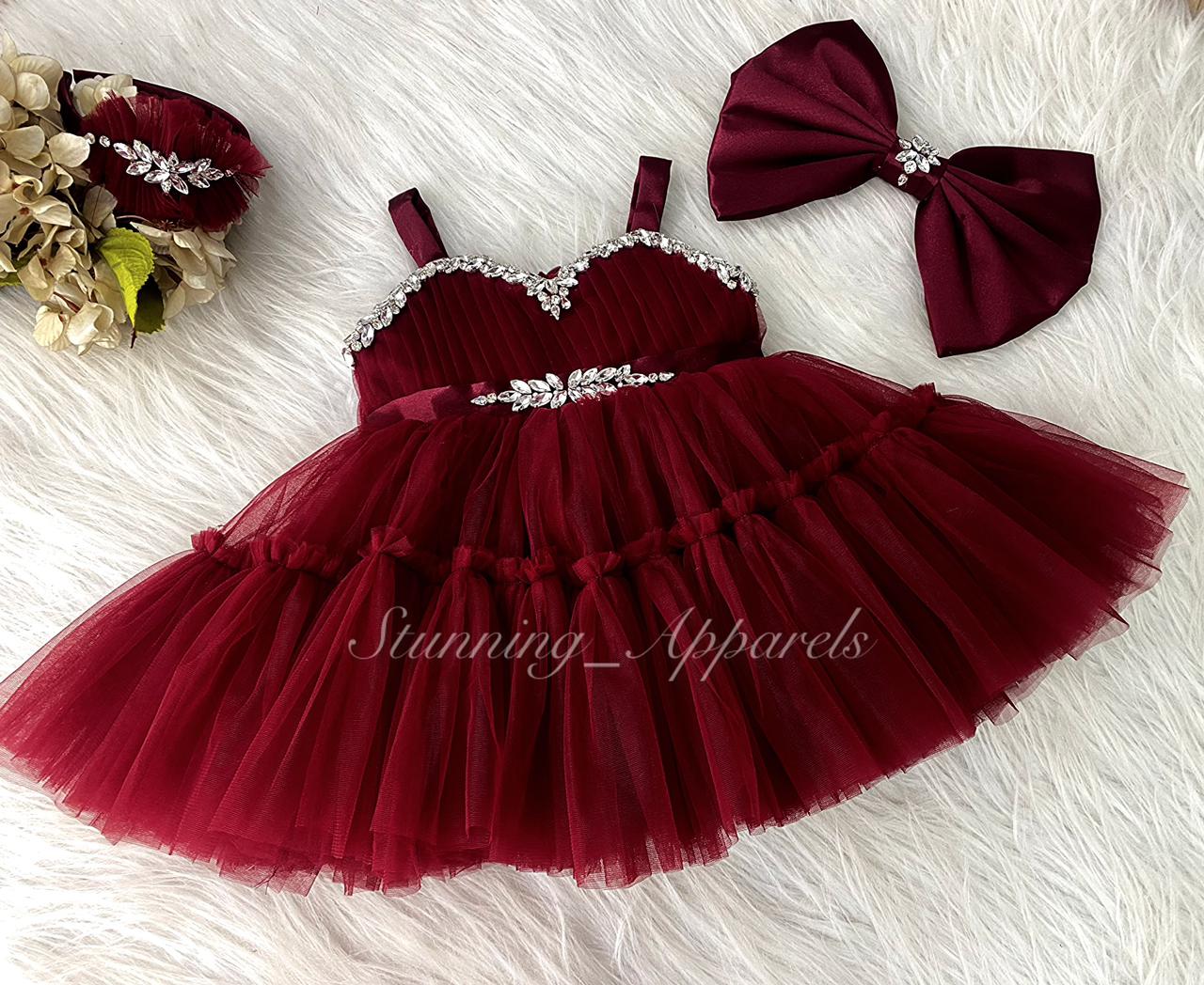 Designer Stone and Diamond Work Ruffled Maroon Dress
