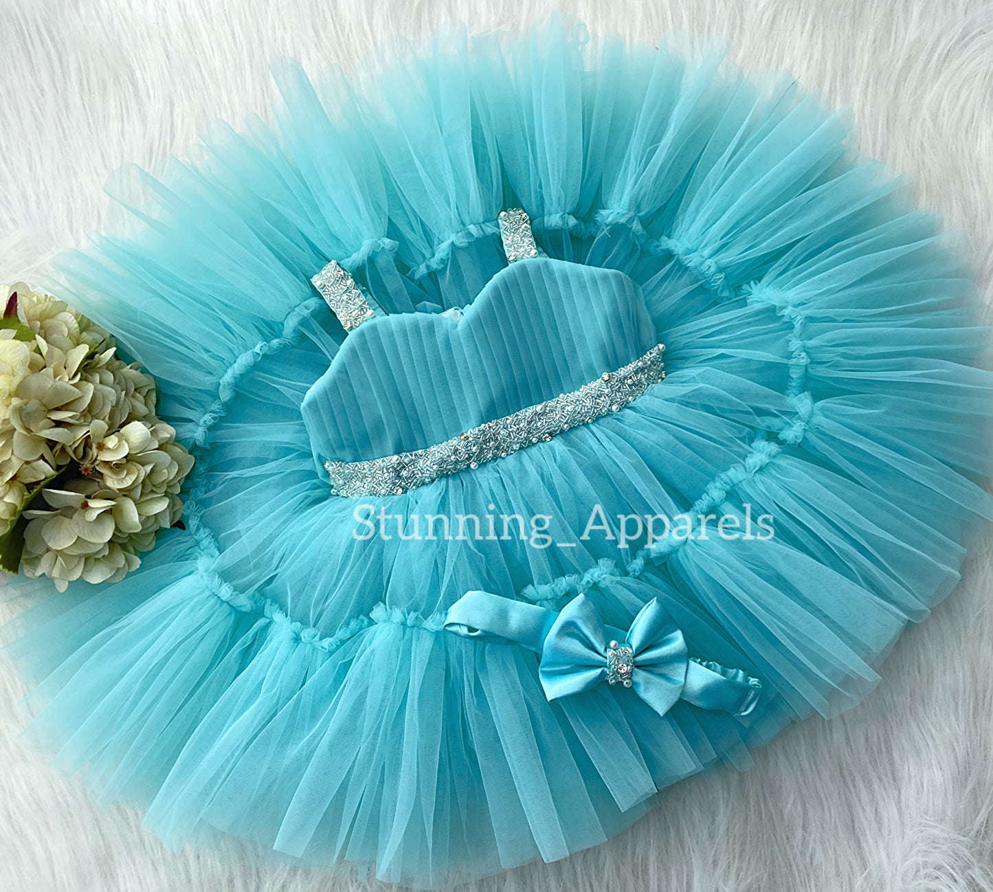 Designer Sweetheart Neckline Hand Work Strapped Sky Blue Frock