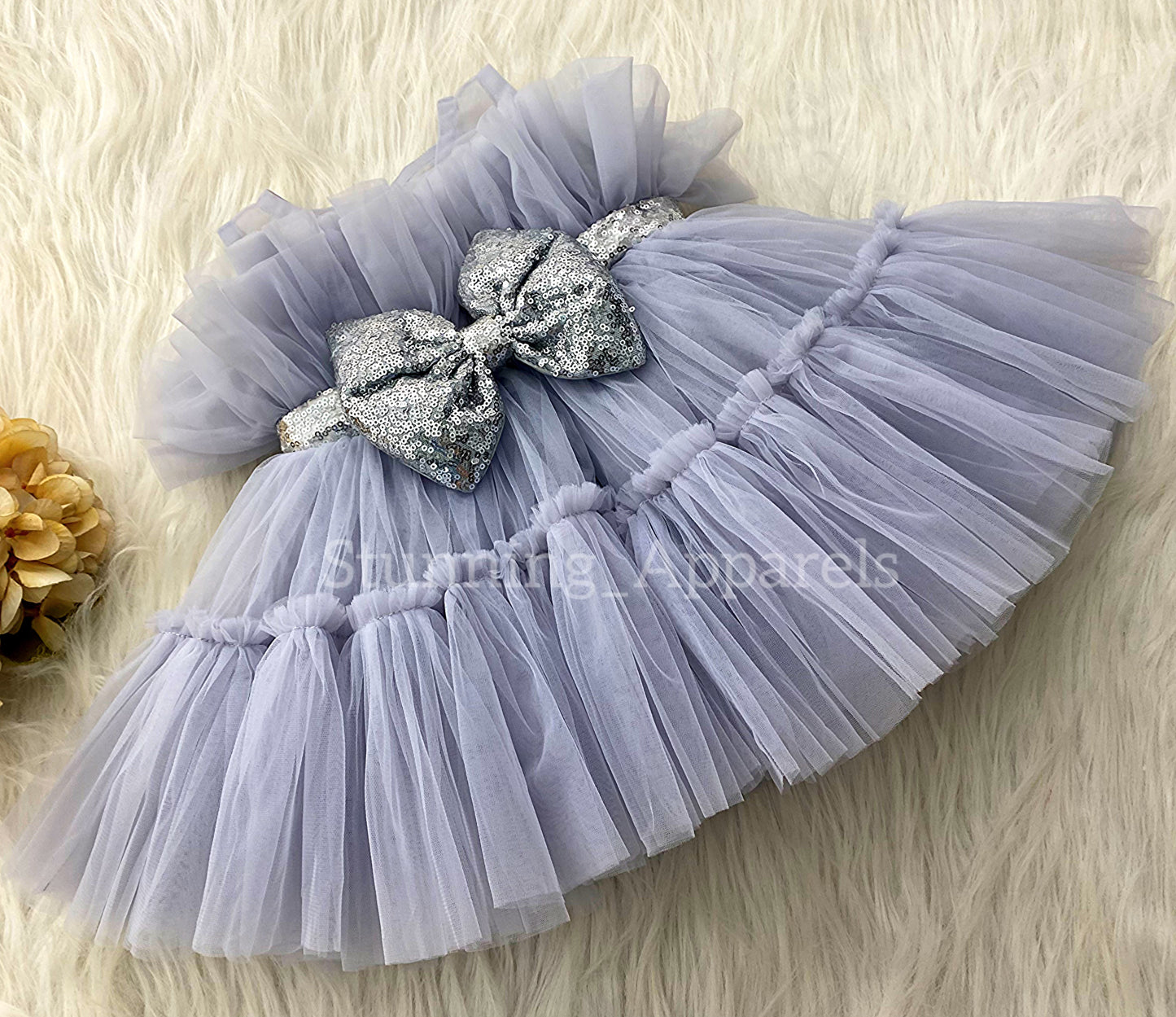 Silver Sequin Bow Ruffled Light Gray Dress