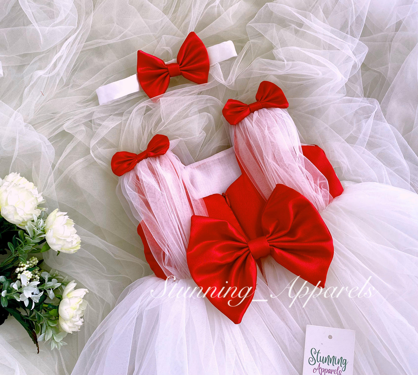 Shoulder Red Satin Bow White Dress