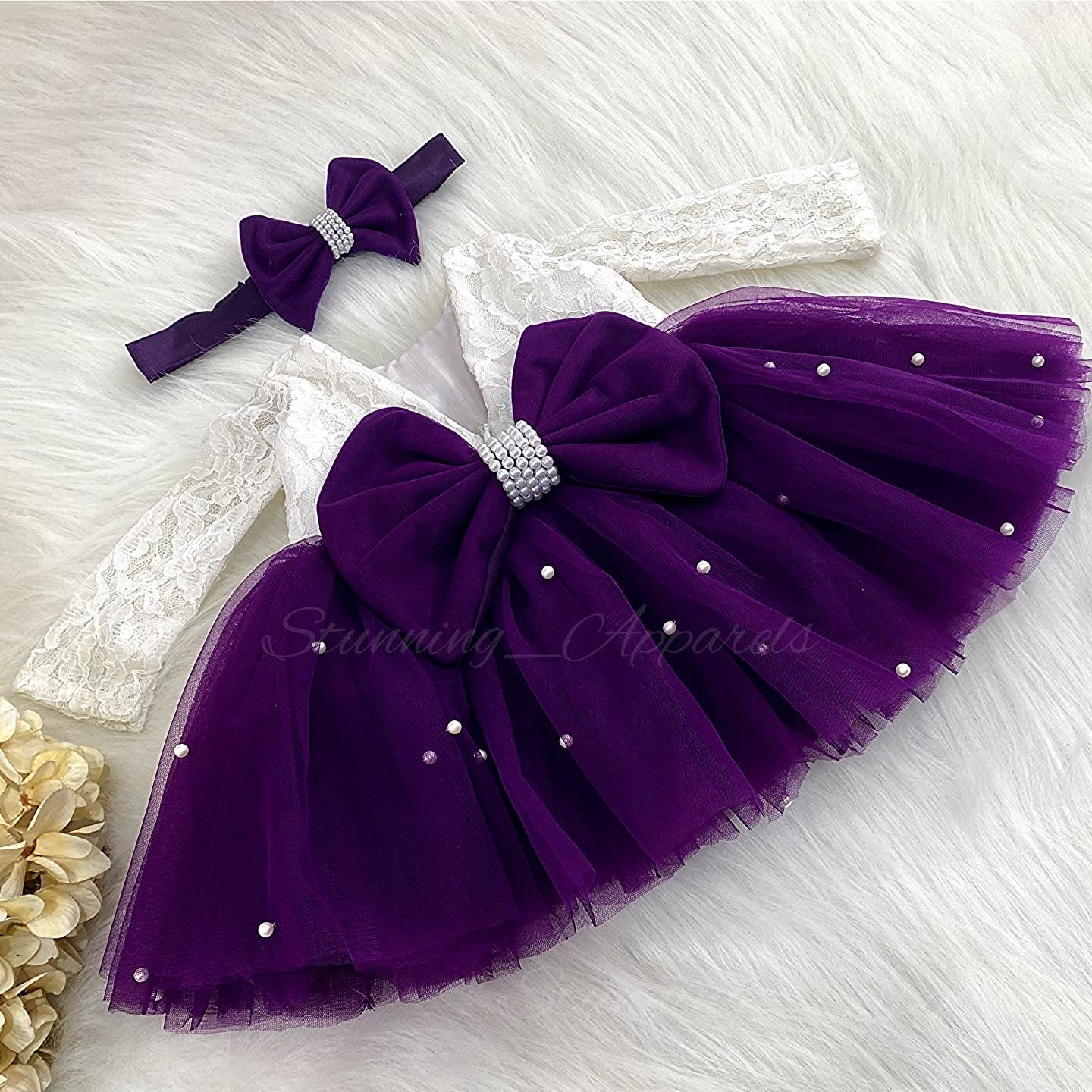 Long Sleeves White Pearls Work Purple Frock