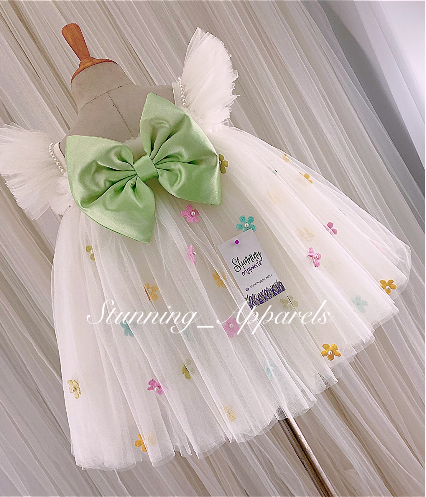 Multi Colour Flower Work, Pista Green Satin Bow White Umbrella Dress