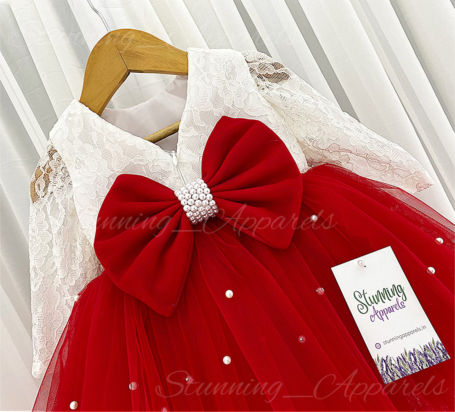 Long Sleeves White Pearls Work Red Frock