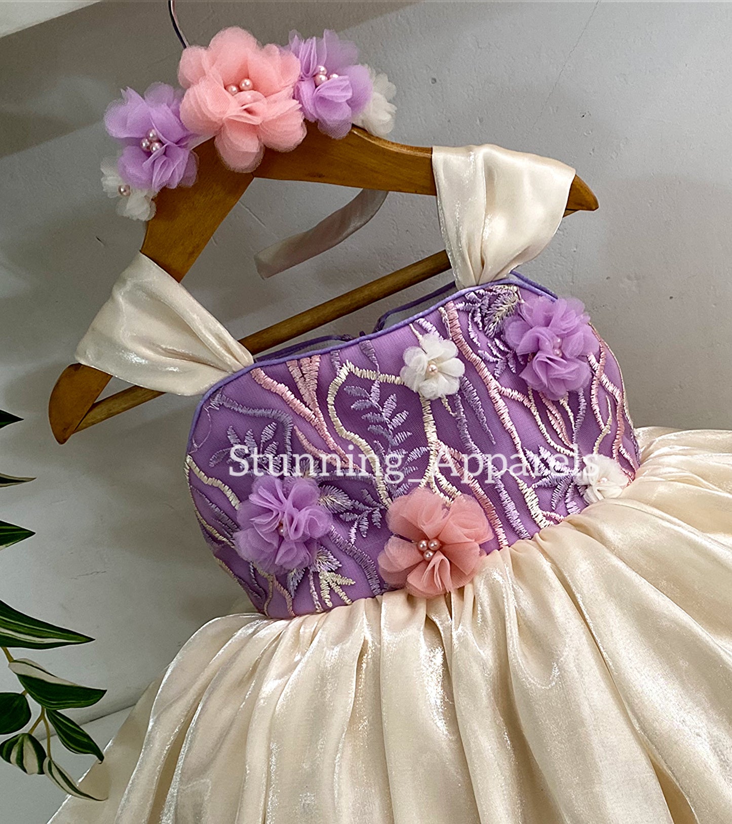 Preety Flower Work Lilac and CreamCombination Dress