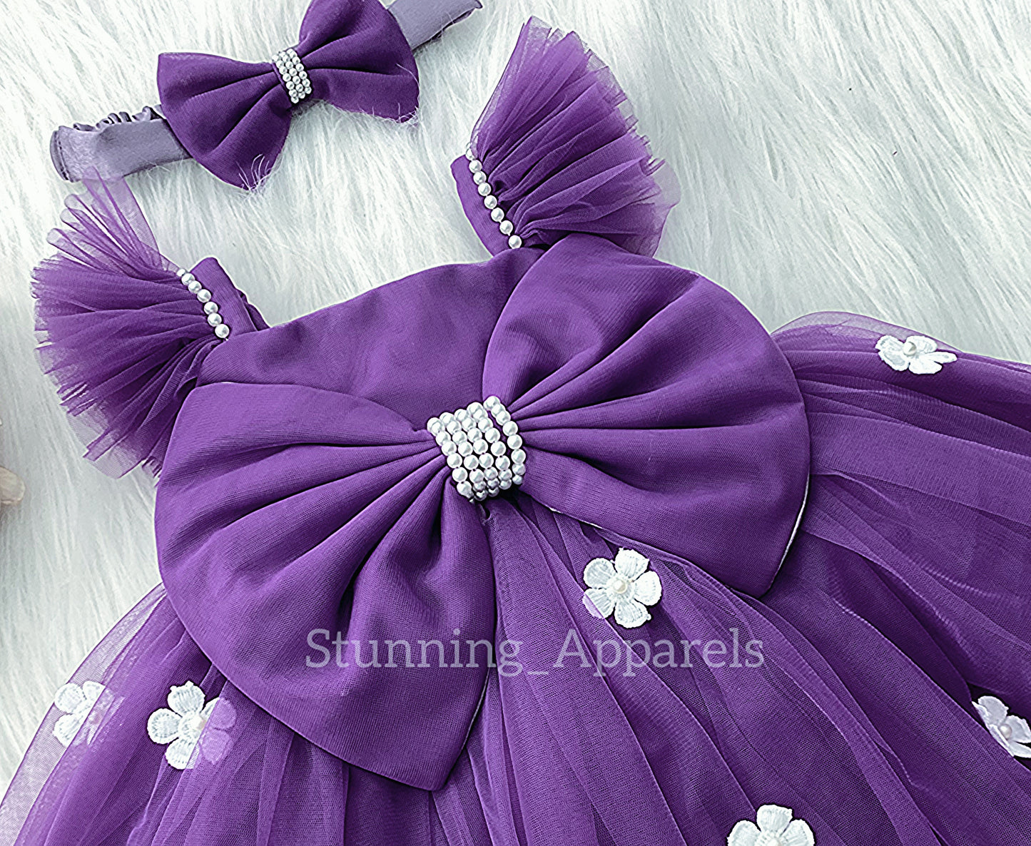 White Flower Work Strapped Sleeves Dark Lavender Frock