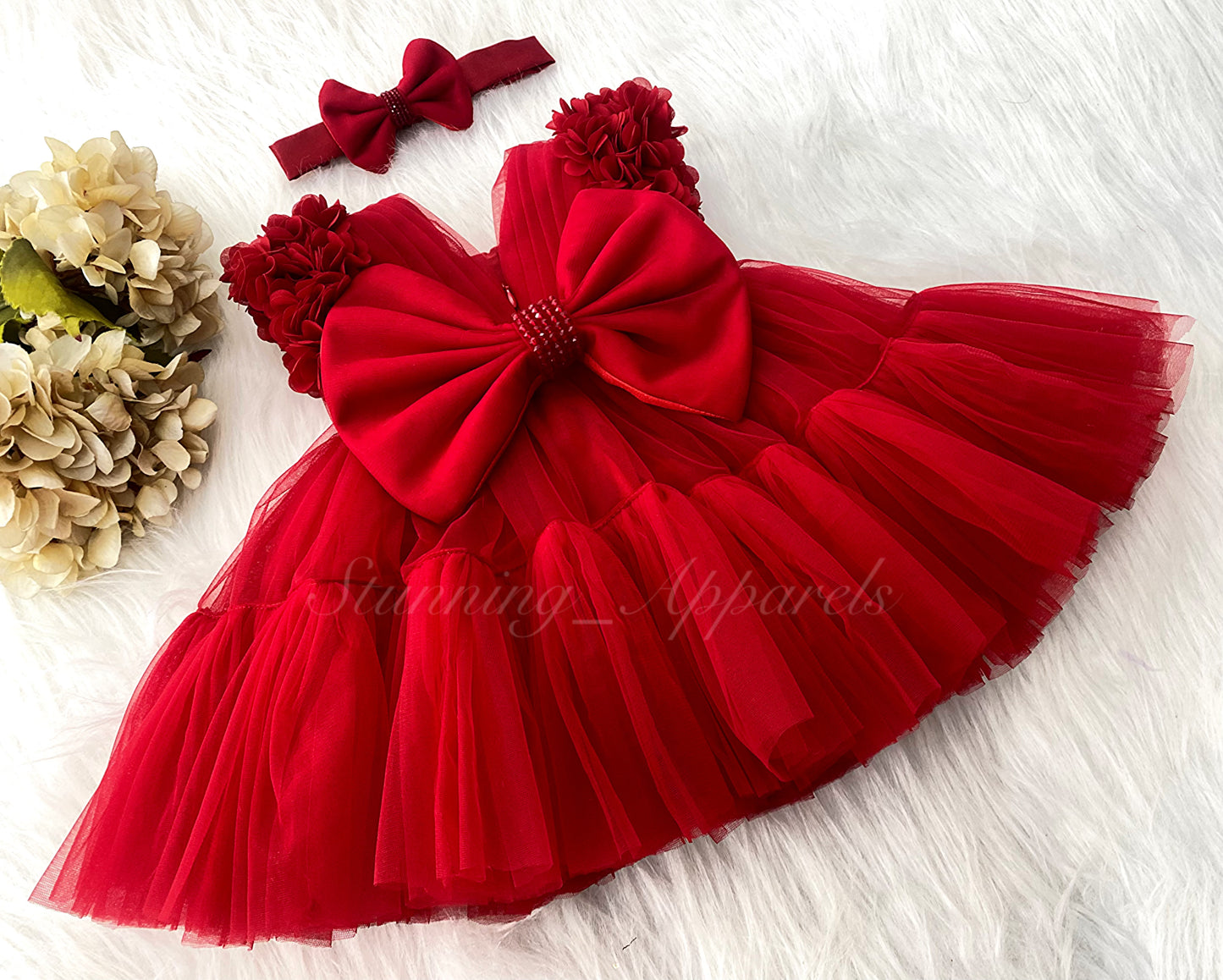 Beautiful Cape Sleeves Flower Work Ruffled Red Frock
