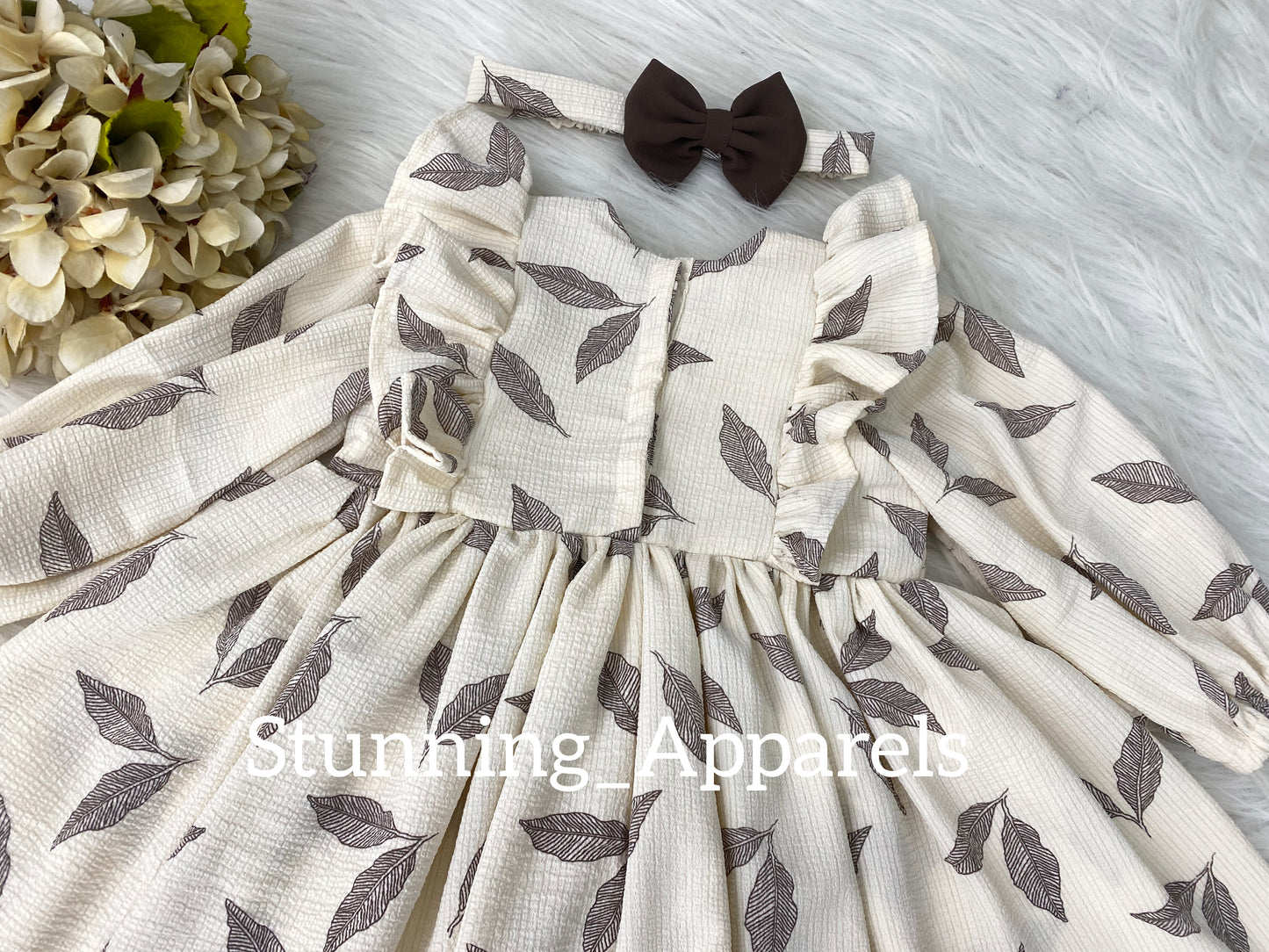 Stylish Long Ruffled Sleeves Printed Cream Dress