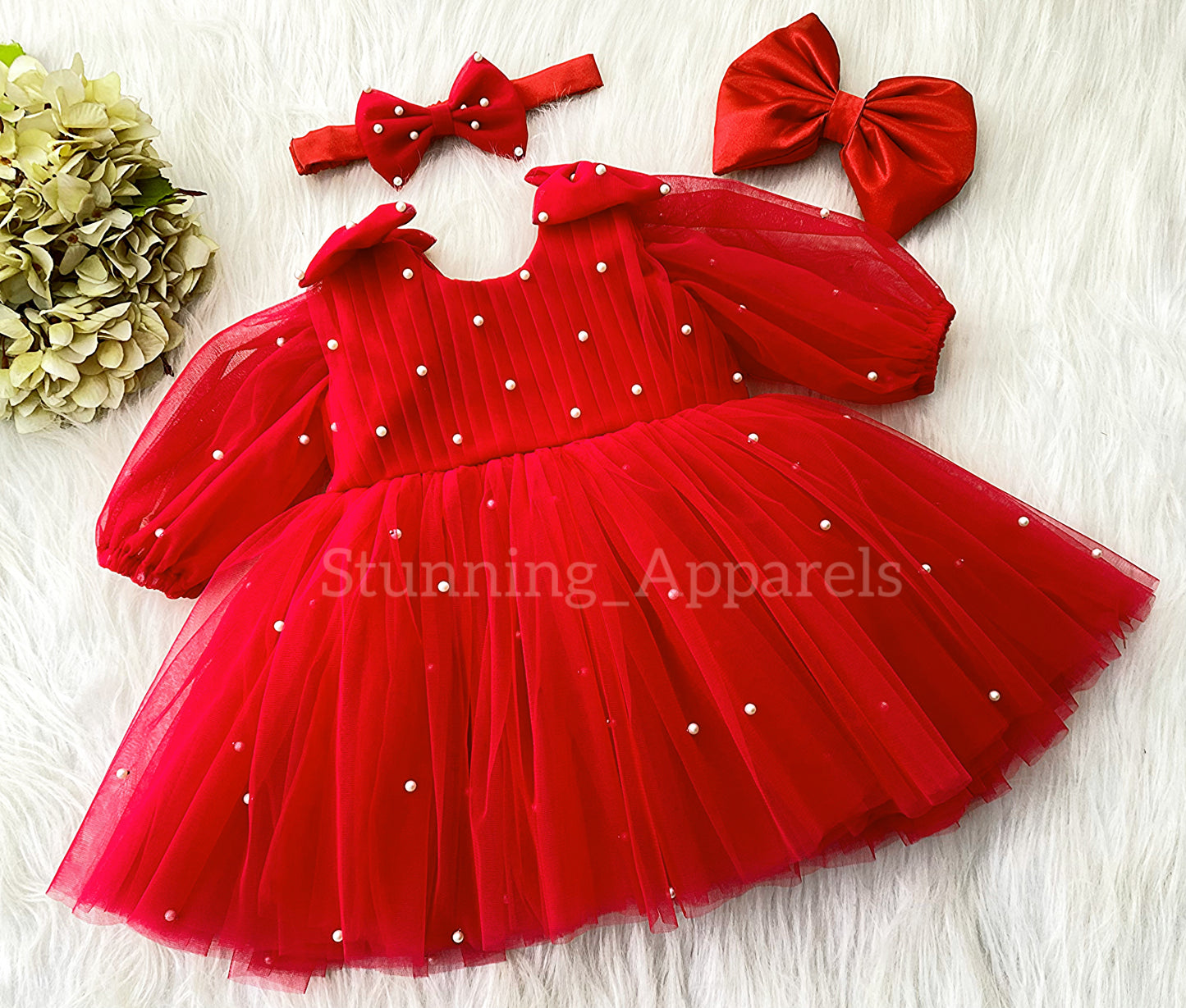Shoulder Bow Long Puff Sleeves Red dress