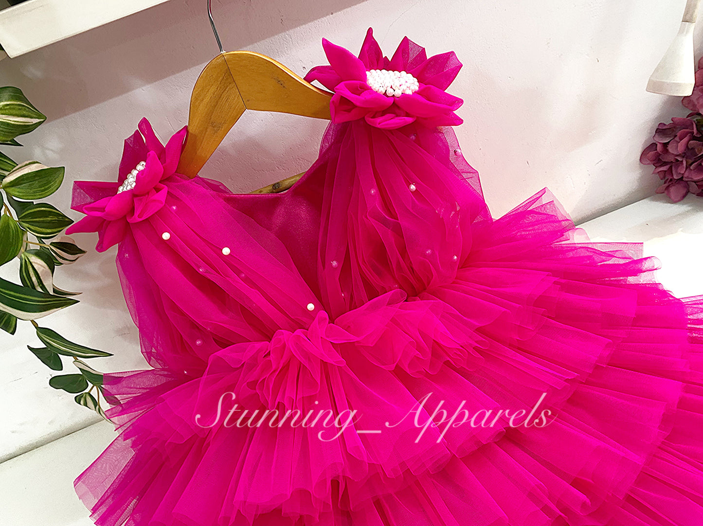 Shoulder Flower Work Layered Magenta Pink Dress
