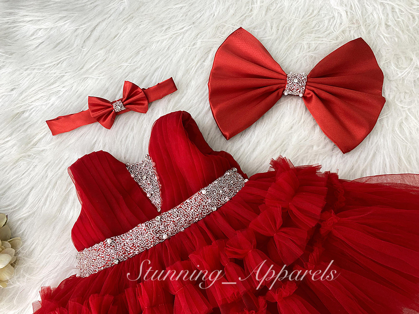 Designer Hand Wear Ruffled Party Wear Red Dress