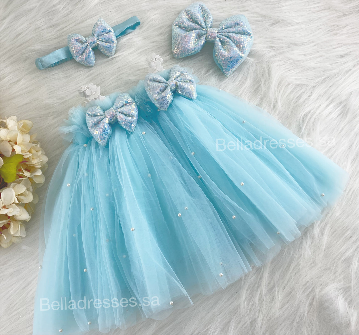 White Flower Strapped Sequins Bow Party Wear Sky Blue Umbrella Dress