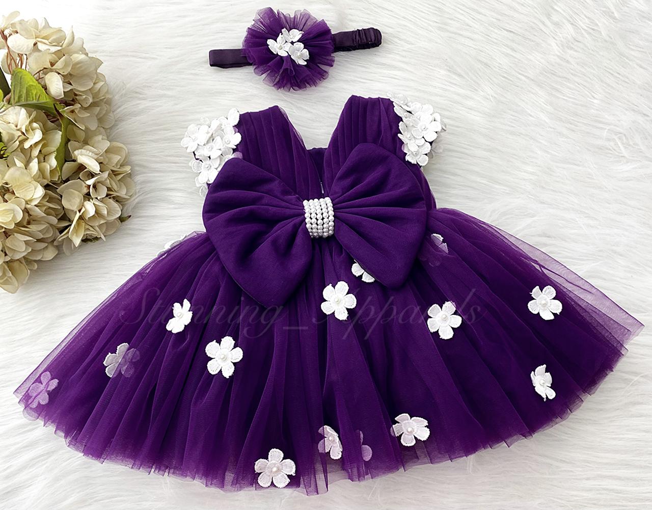 Cute White Flower Work Cape Sleeves Purple Frock