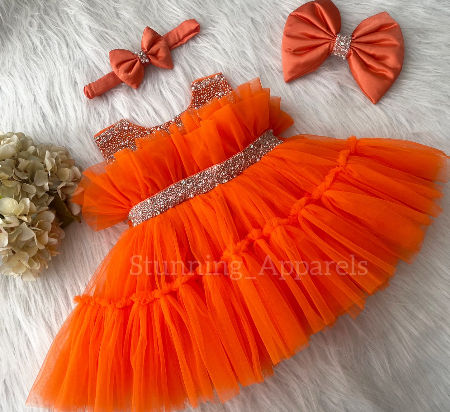 Designer Neckline Hand Work Party Wear Orange Dress
