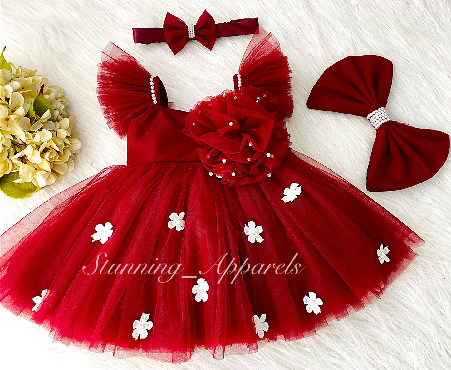 White Flower Work Strapped Sleeves Red Frock