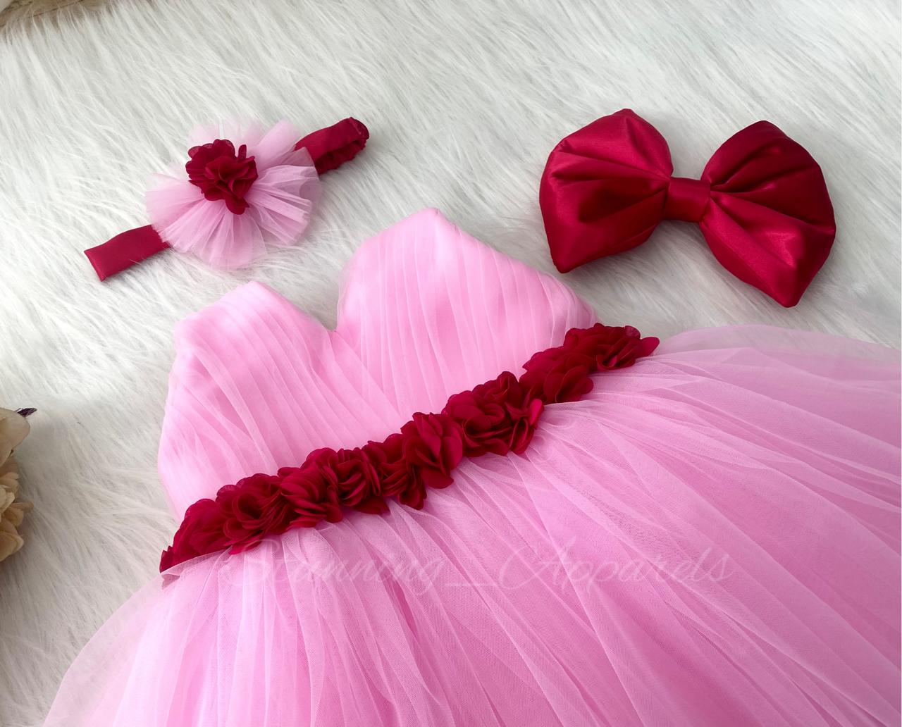 Waist Line Magenta Flower Work Baby Pink Frock