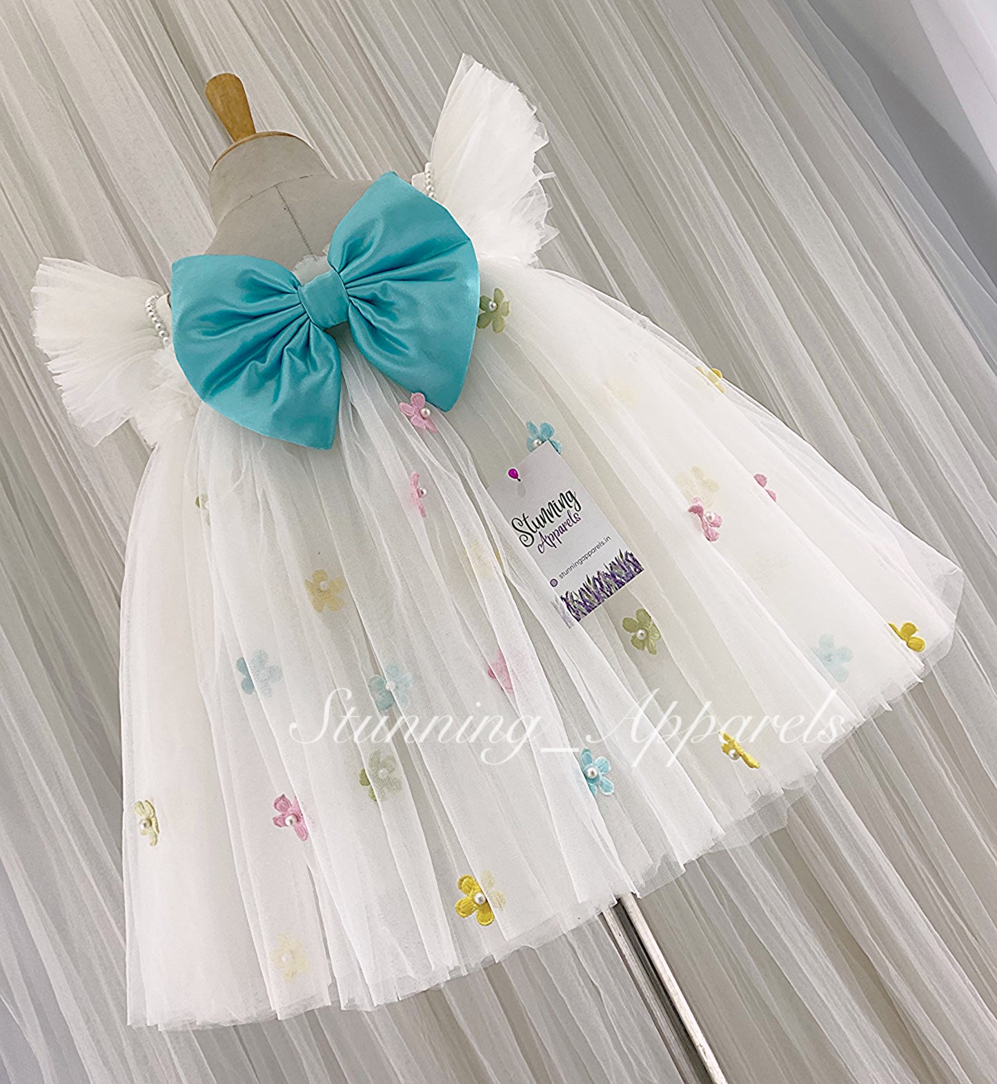 Multi Colour Flower Work, Sky Blue Satin Bow White Umbrella Dress