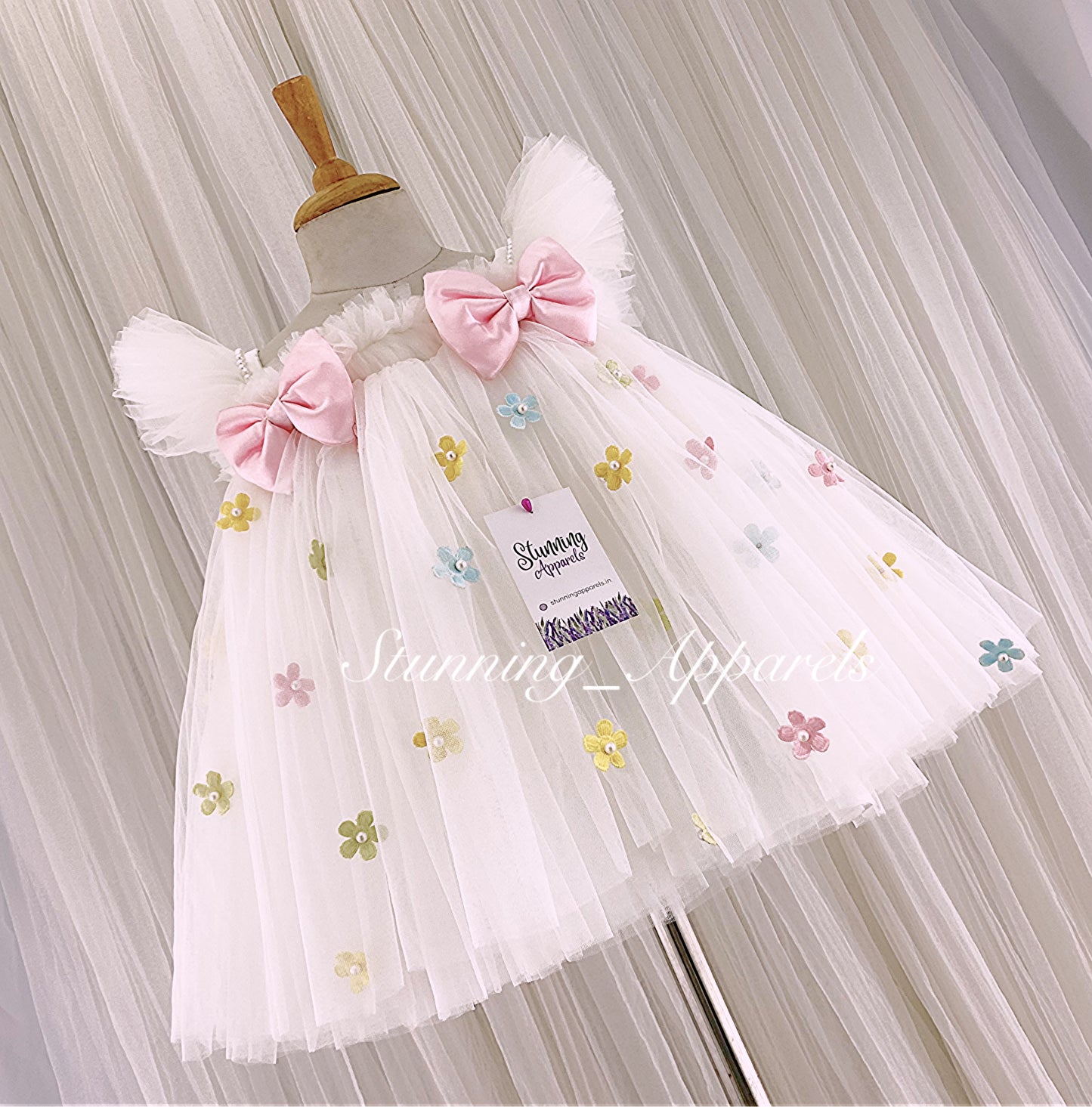 Multi Colour Flower Work, Baby Pink Satin Bow White Umbrella Dress