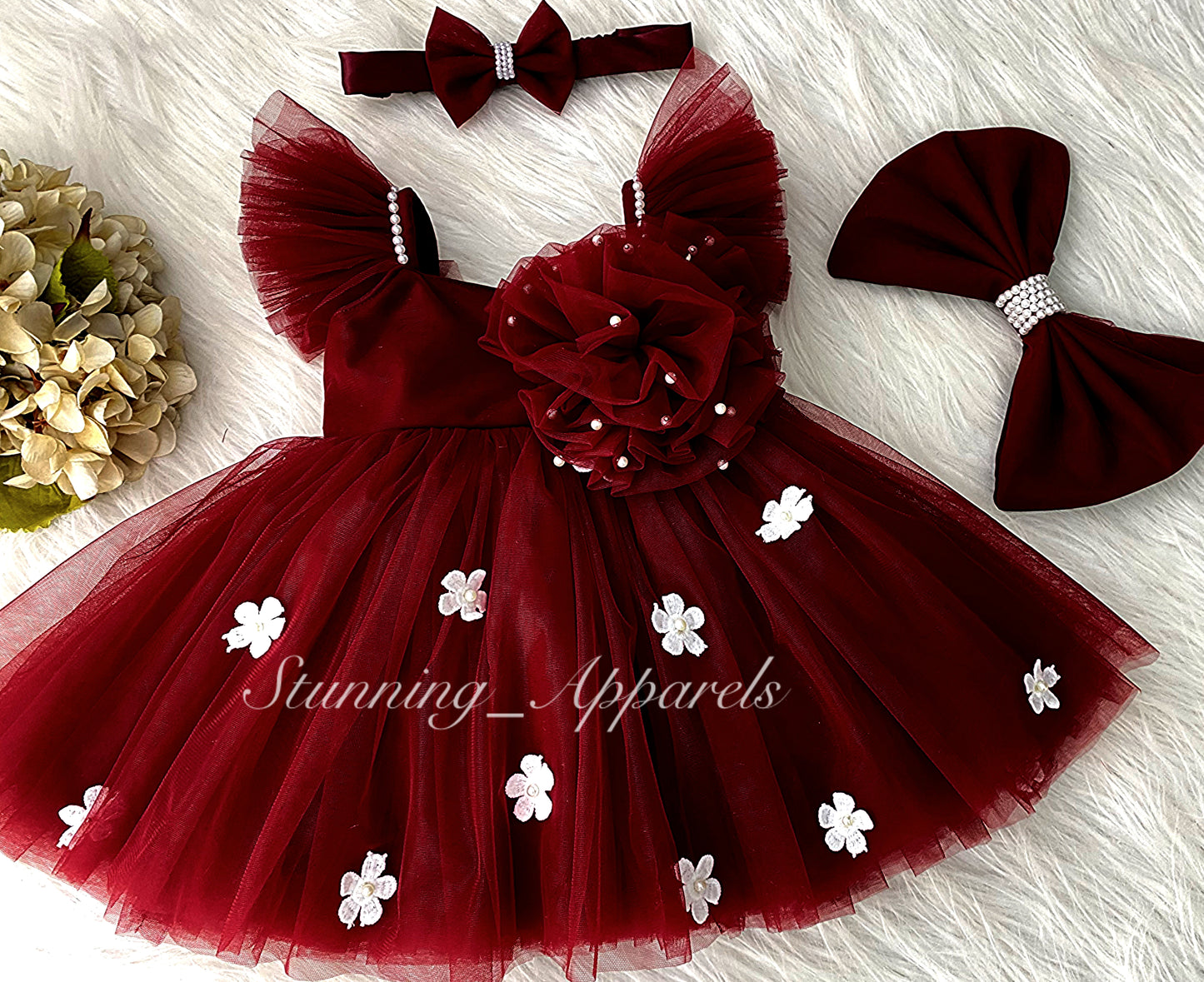 White Flower Work Strapped Sleeves Maroon Frock