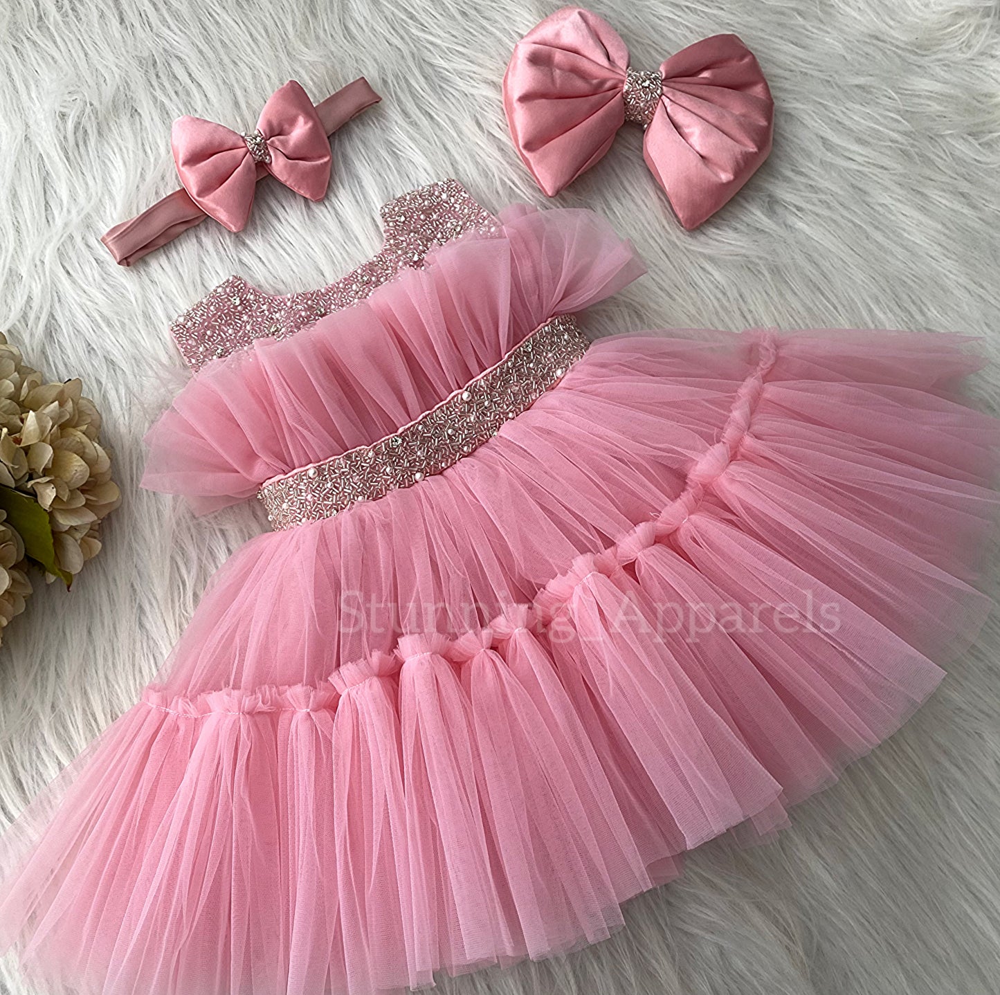 Designer Neckline Hand Work Party Wear Peach Dress