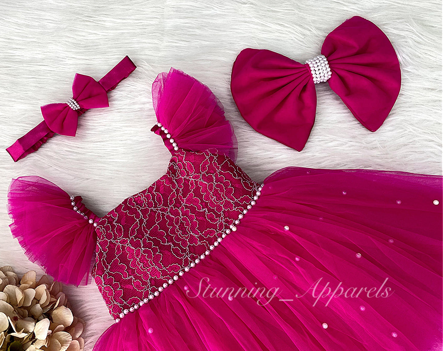 White Pearls Work Strapped Sleeves Magenta Pink Dress