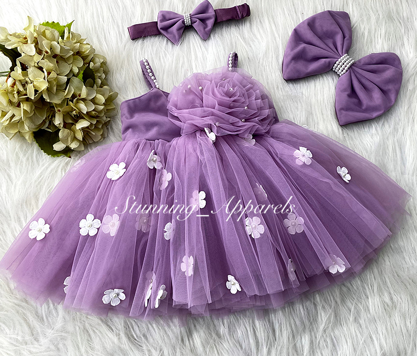 White Flower Work Strapped Sleeves Lilac Frock