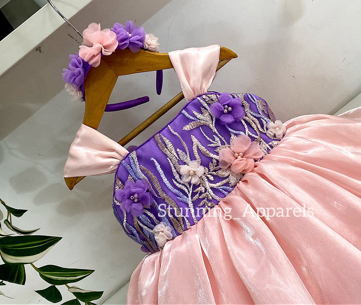 Preety Flower Work Lavender And Peach Combination Dress