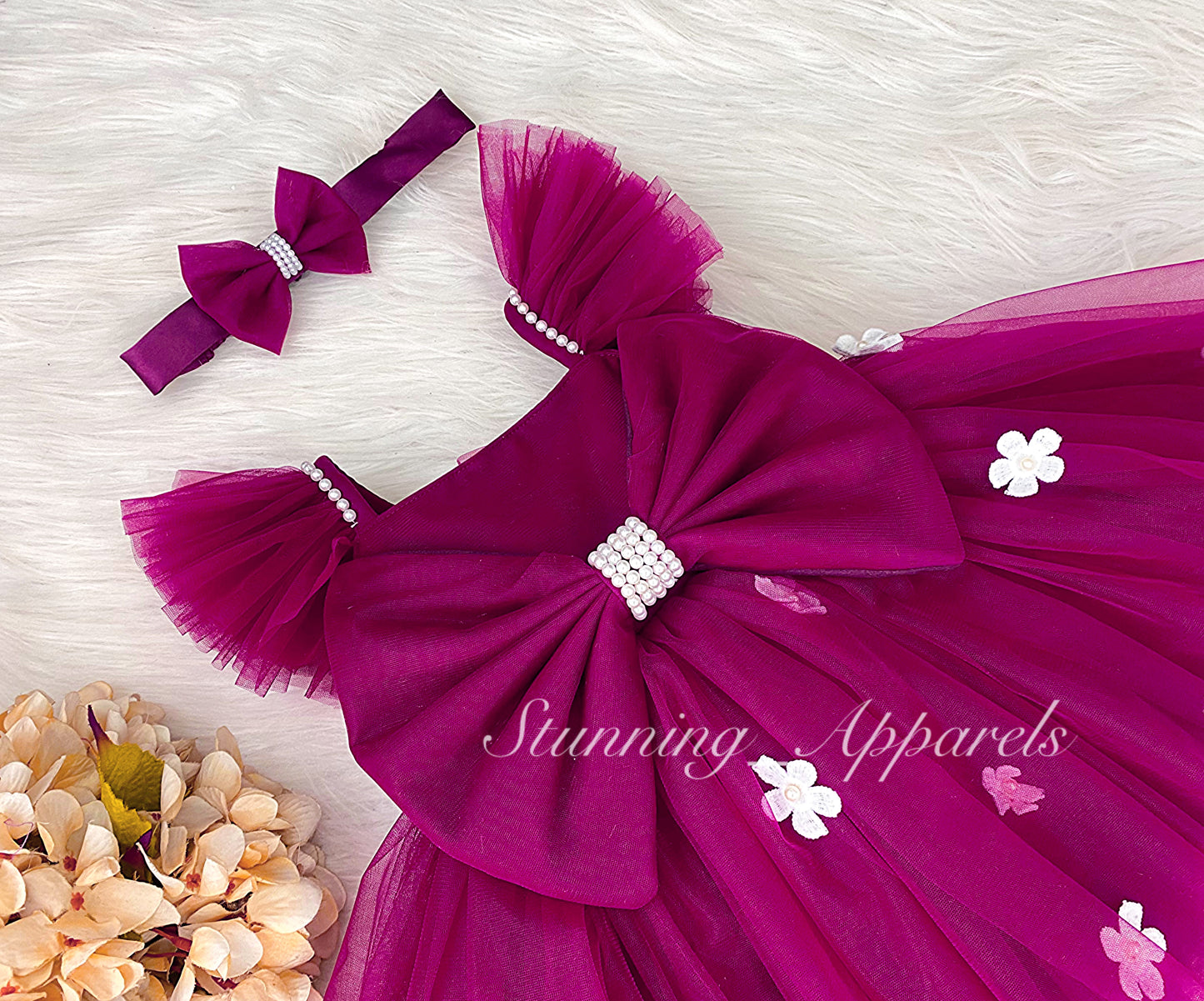 White Flower Work Strapped Sleeves Dark Magenta Pink Frock