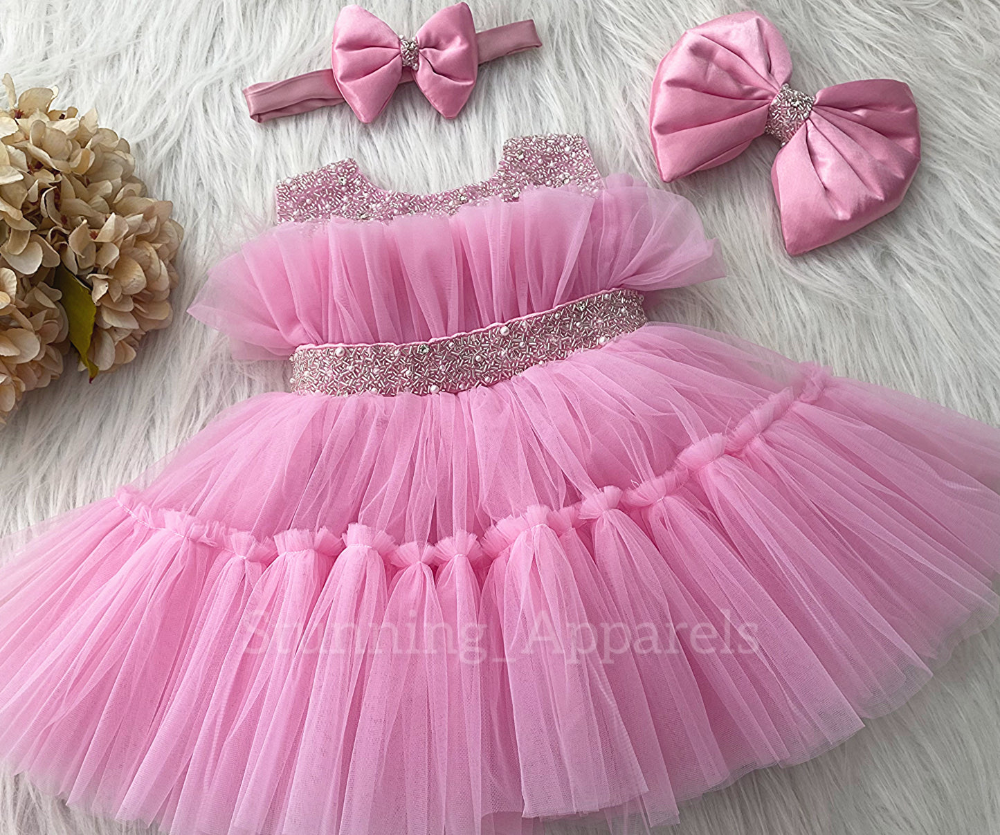 Designer Neckline Hand Work Party Wear Baby Pink Dress