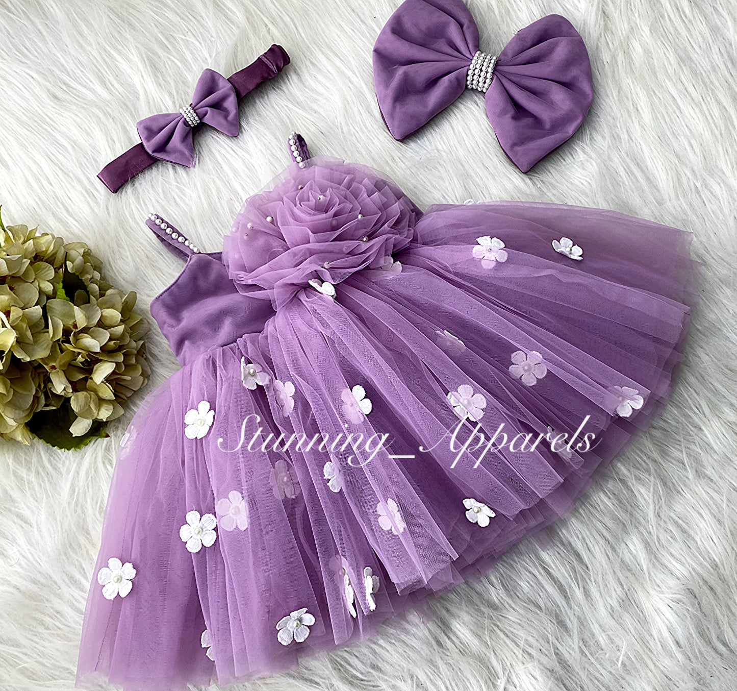 White Flower Work Strapped Sleeves Lilac Frock