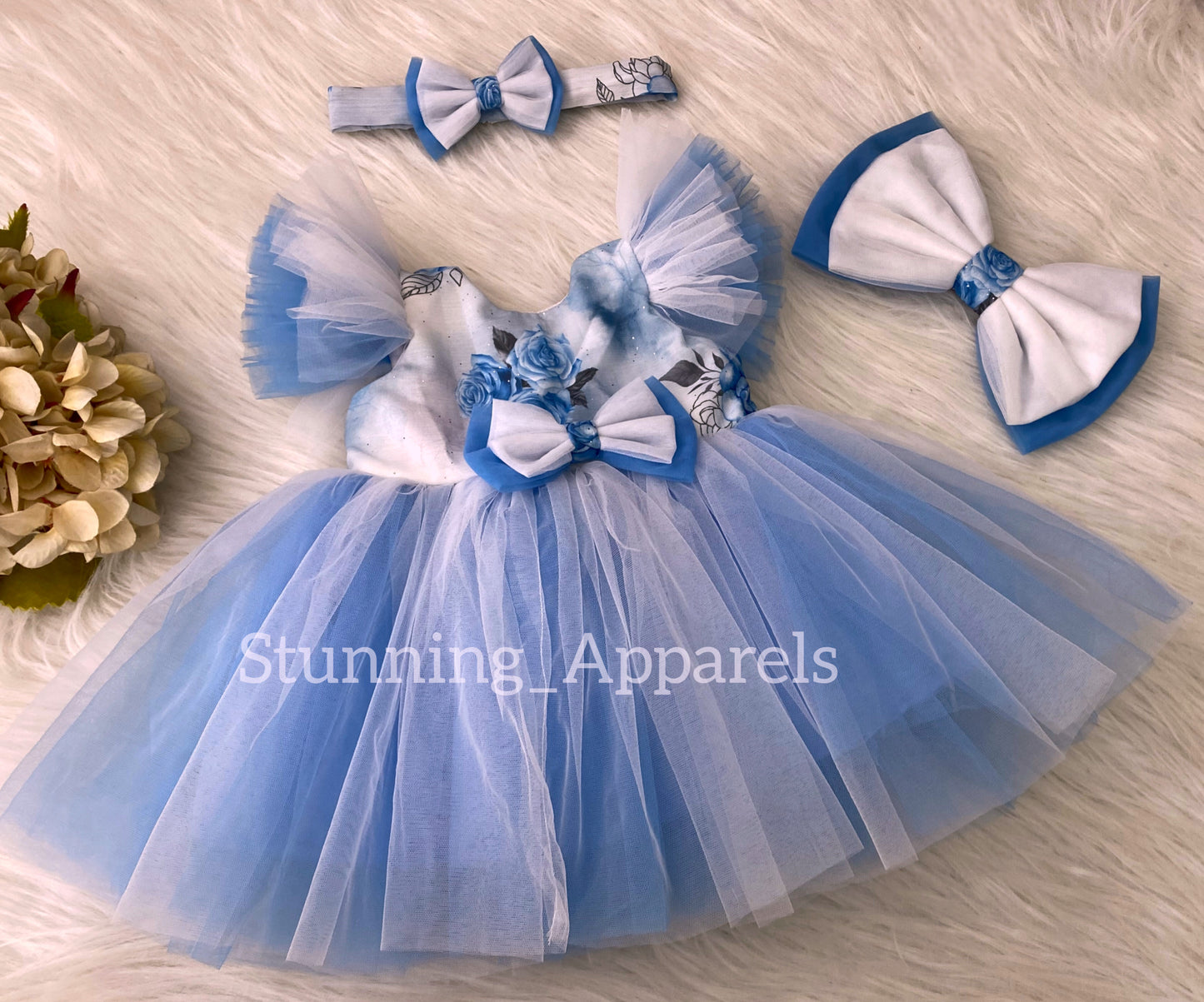 Cute Rose Printed White and Blue Combination Casual Dress